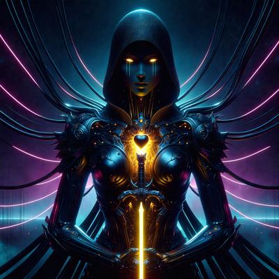 The primary subject of the image is a woman dressed in a futuristic outfit, wearing a hooded cloak and holding a sword. She appears to be a warrior or a character from a science fiction or fantasy setting. The setting is a dark, futuristic environment, possibly a space station or a dystopian city. The visual style is a digital art or illustration, with the woman's outfit and the sword being the main focus of the image. The colors and mood are dark and
